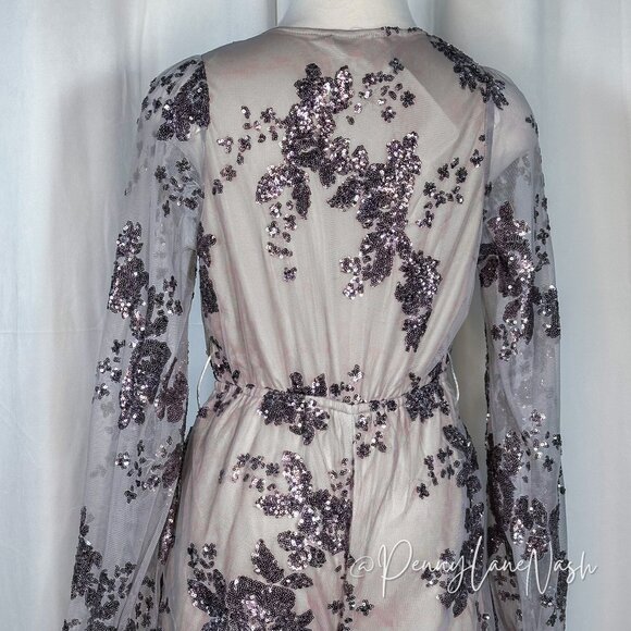 NWT L'Atiste Sheer Sleeve Sequined Deep V Neck Romper Lvander - Picture 8 of 14